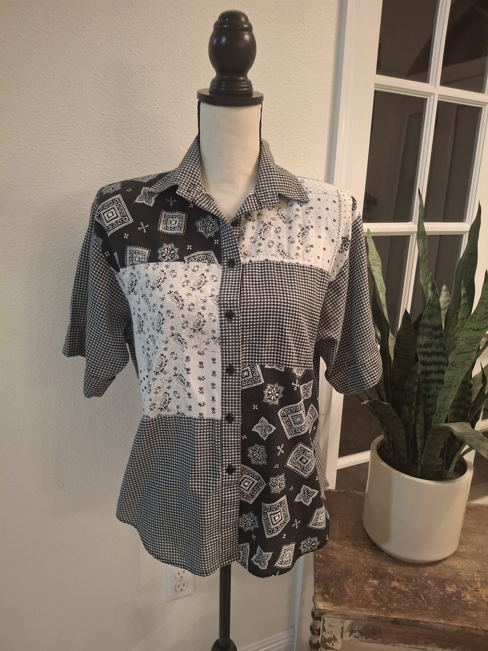 Vintage Black and White Patchwork Button-Up Blouse